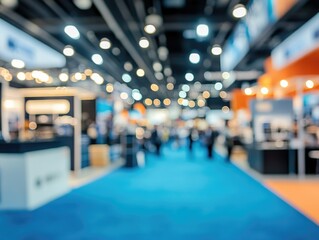 A bustling trade show floor filled with various company booths, lights, and attendees engaged in conversations.