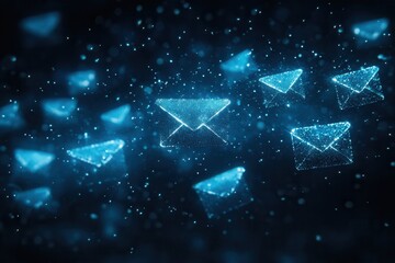 Glowing blue envelopes drift through a dark digital space, showcasing modern email marketing concepts and newsletter ideas, email, message letter