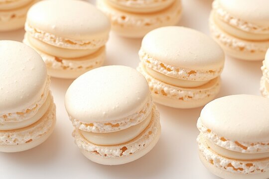 Delicate macarons arranged in a close-up view, showcasing off-white shells and creamy filling with a fine coffee dusting
