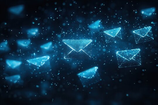 Glowing blue envelopes drift through a dark digital space, showcasing modern email marketing concepts and newsletter ideas, email, message letter - Powered by Adobe
