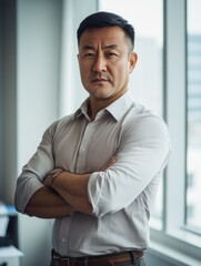 Fototapeta premium Man standing with arms crossed, looking stern and focused in office setting.