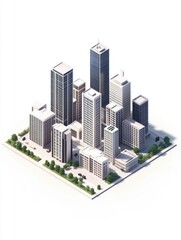 Fototapeta premium A stylized isometric illustration of a modern metropolitan city skyline at dawn or dusk.