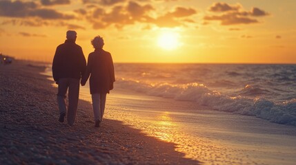 An elderly couple strolls along the beach, enjoying a sunset and each other's company.
