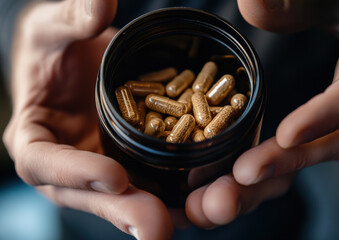 Close-up of hands pouring natural pills from a bottle into the palm. Close-up on the hand holding medicine in an open black jar with multivitamins and brown capsules.