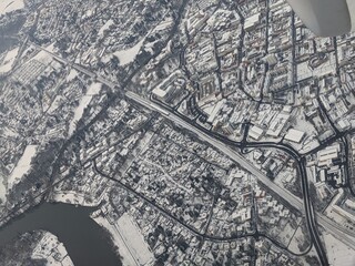 Aerial view of snowy city