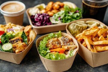 Variety of food items in eco-friendly packaging options. Meals ready for pickup or delivery. Vegetarian and healthy choices available.