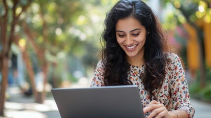 Happy woman engrossed in her work on a tablet, outdoor setting.