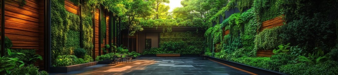 Indoor Garden Room with Lush Green Walls and Modern Wooden Details. Generative AI
