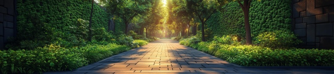 Obraz premium Lush Green Walkway with Sunlight Streaming Through Trees in a City Park. Generative AI