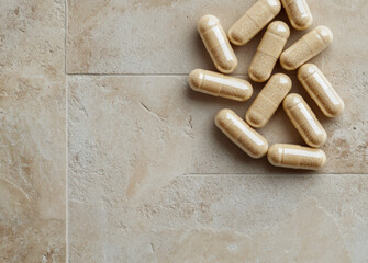 Top view of small beige multivitamin capsules on a light brown stone tile background, close-up shot, with copy space. 
