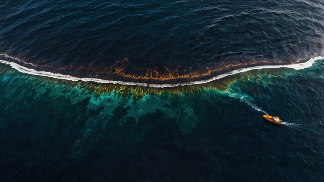 Ocean pollution incident with visible slick and response vessel addressing the environmental impact.