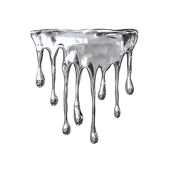 Silver fluid appears to drip from the top, featuring a glossy finish and elongated droplets, set against a transparent backdrop.