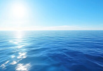 Obraz premium Tranquil blue ocean under a bright sunny sky, calm water reflecting sunlight, serene seascape perfect for relaxation and vacation themes