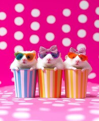 Three cute hamsters wearing colorful sunglasses and bows, sitting in brightly colored striped cups with pink polka dots in the background. It&rsquo;s vibrant, and colorful image with vivid colors. 