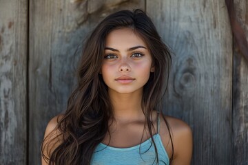 Fototapeta premium Beautiful Young Woman with Long Brown Hair Stunning Portrait Against Rustic Wooden Background Natural Beauty Fresh Face Outdoor Photography Summer 