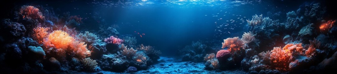 Fototapeta premium A vibrant underwater coral reef scene glowing under the ocean's surface with bioluminescent corals and colorful fish swimming. Generative AI