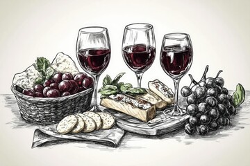 A delightful wine and cheese tasting setup. Fine wines and artisanal cheeses presented in a sophisticated setting.