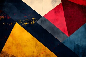 Colorful abstract painting with a lot of red, blue, and yellow. The painting is made up of different shapes and lines, and it has a lot of texture. The colors and shapes create a sense of movement