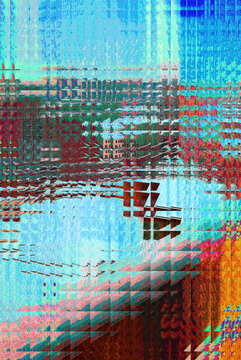 Futuristic cityscape of Corbeil-Essonnes transformed into a fragmented digital glitch artwork. Vibrant colors, abstract textures, and pixel distortion create a unique cyberpunk-inspired urban vision