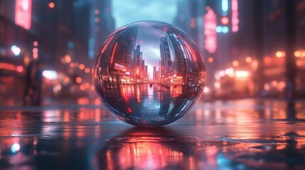 A reflective glass sphere on a wet urban surface captures an inverted view of a futuristic city street with neon lights and blurred figures in the background.