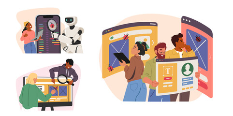 People and artificial intelligence program bot providing software testing, fixing hardware bugs set