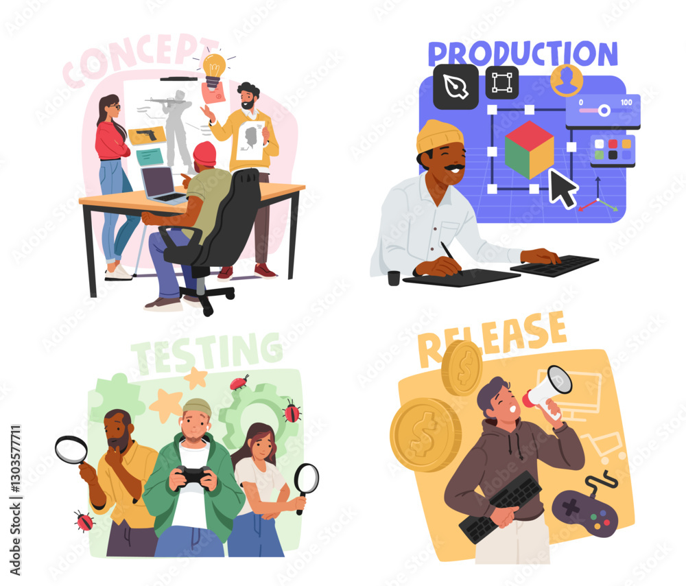 Poster game development step-by-step process from creating concept, production, testing to release set
