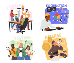 Game development step-by-step process from creating concept, production, testing to release set