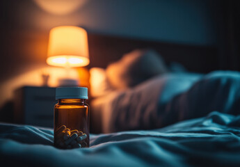 empty supplement bottle on the bedside table, in focus, with a blurred sleeping person behind it in a dark bedroom, with warm light from a lamp