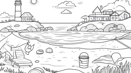 Fototapeta premium Seaside scene coloring page, kids activity, beach, lighthouse, calm waters