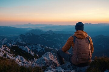 Fototapeta premium A person hiking on a mountain at dawn or dusk, with the sun rising/setting in the background.
