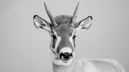 Close-up of deer head with large ears and curved horns against neutral background.