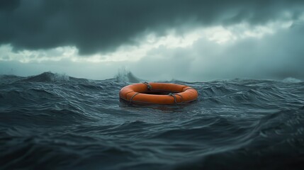 Obraz premium A single lifebuoy floating in stormy sea water