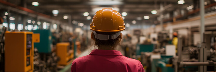 Factory worker wearing protective hardhat. Focused on safety in industrial setting. Back view of employee in manufacturing.