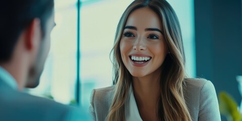 Fototapeta premium Smiling businesswoman in professional attire during an office meeting, indicating a successful career or job satisfaction.