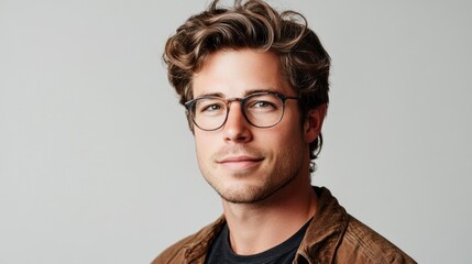 Fototapeta premium Handsome man with wavy hair and glasses poses in a modern portrait studio setting