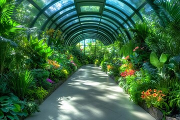 Obraz premium A greenhouse filled with lush green exotic plants, ferns, and tropical flowers. Generative AI