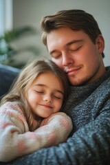 Fototapeta premium Adorable father and daughter cuddle on sofa.