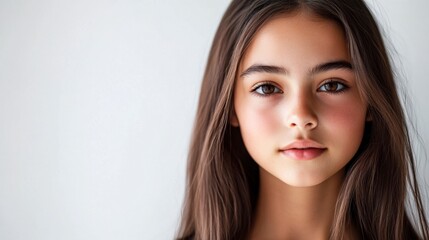 Naklejka premium Portrait of a Young Girl with Brown Hair Against a Light Grey Background