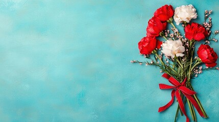   A vibrant arrangement of red and white blossoms adorned with a red ribbon against a serene blue backdrop, featuring space for personalized message