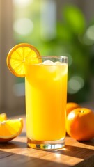 Fototapeta premium Glass of Fresh Orange Juice with Sliced Oranges on Wooden Table