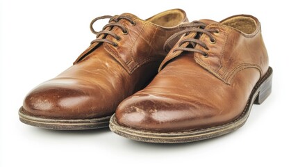 Close-up of brown leather dress shoes with laces on a white background