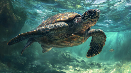 Obraz premium A majestic sea turtle gliding through crystal-clear waters, its textured shell in sharp detail