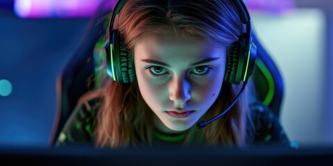 The image features a young woman engrossed in playing video games, wearing headphones that are typical for gaming enthusiasts. Her focused expression suggests she is deeply immersed in her gameplay.