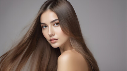 portrait of young beautiful woman with long healthy silky hair, hair and scalp care, advertising of hair and skin care products