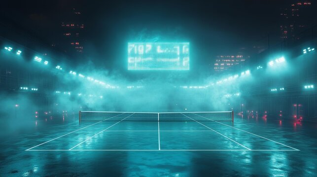 Futuristic Tennis Match in a Neon Lit Arena with Digital Scoreboard. Generative AI
