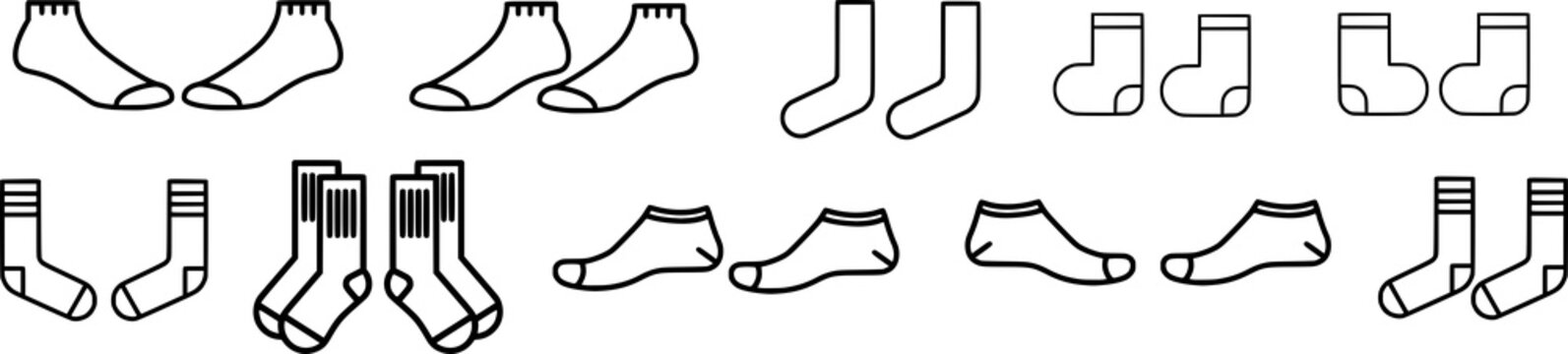 Socks Vector Set | Ankle Socks, Crew Socks, Baby Socks, No-Show Socks, Striped Socks, Line Art Icons for Apparel, Fashion & Clothing Designs