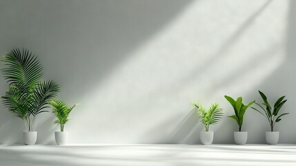   Potted plants lined up on a white floor against a white wall