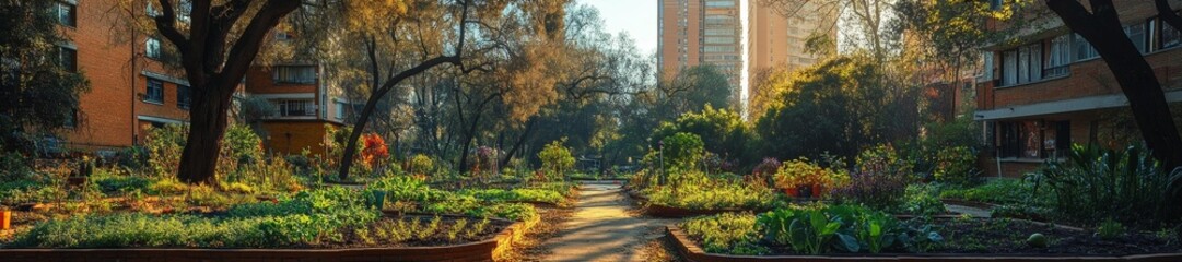 Urban community garden surrounded by residential buildings and sunlight. Generative AI