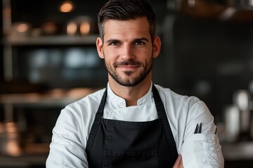 Fototapeta premium Confident Male Chef Portrait Culinary Professional Restaurant Kitchen Uniform Happy Smiling Cook Food Service Industry Culinary Arts Professional Chef
