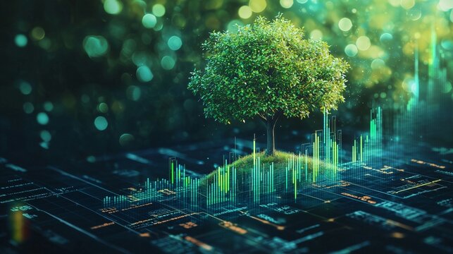 Tree on financial graph symbolizes green bonds and sustainable impact investing.